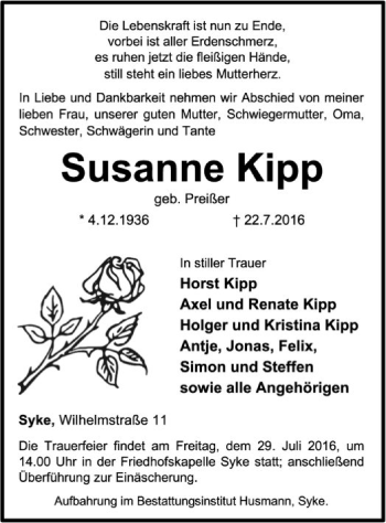 Traueranzeige von Susanne Kipp