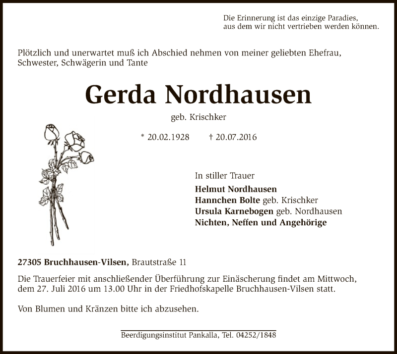  Traueranzeige für Gerda Nordhausen vom 23.07.2016 aus SYK