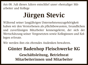 Traueranzeige von Jürgen Stevic von SYK