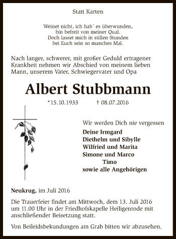 Traueranzeige von Albert Stubbmann von SYK