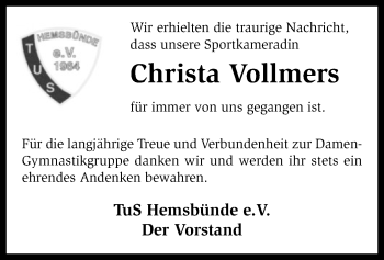 Traueranzeige von Christa Vollmers von SYK