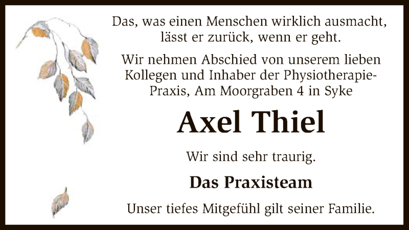  Traueranzeige für Axel Thiel vom 23.07.2016 aus SYK