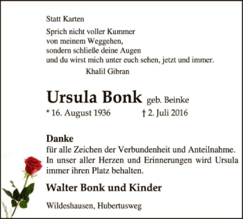 Traueranzeige von Ursula Bonk von SYK