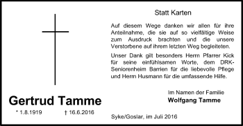 Traueranzeige von Gertrud  Tamme