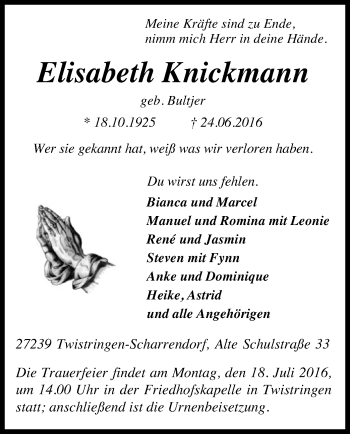 Traueranzeige von Elisabeth Knickmann von SYK