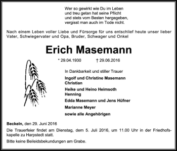 Traueranzeige von Erich Masemann von SYK