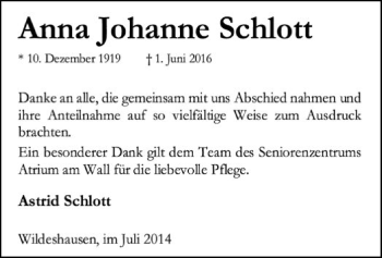 Traueranzeige von Anna Johanne Schlott von SYK