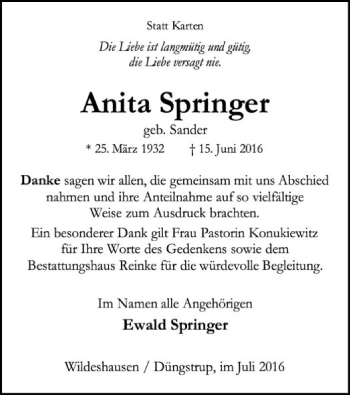 Traueranzeige von Anita Springer von SYK