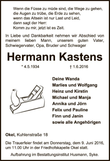 Traueranzeige von Hermann Kastens