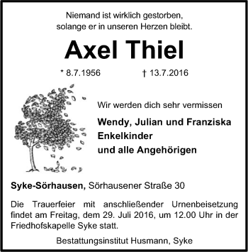 Traueranzeige von Axel Thiel