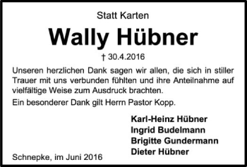 Traueranzeige von Wally Hübner