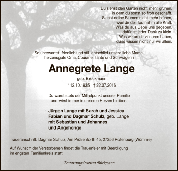 Traueranzeige von Annegrete Lange von SYK
