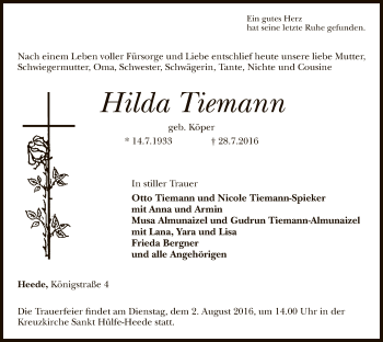 Traueranzeige von Hilda Tiemann von SYK