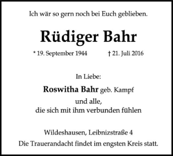 Traueranzeige von Rüdiger Bahr von SYK