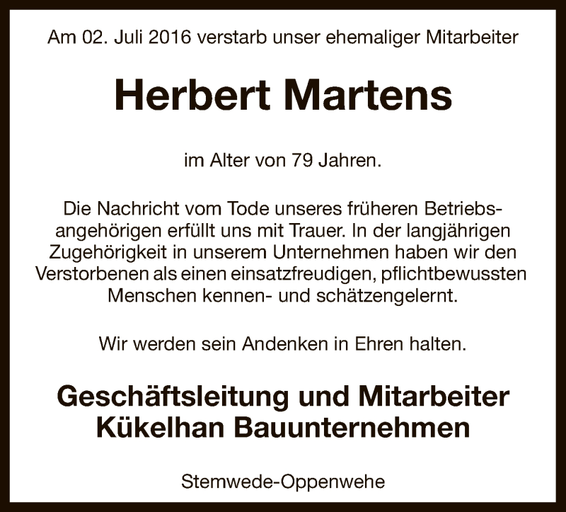  Traueranzeige für Herbert Martens vom 08.07.2016 aus SYK