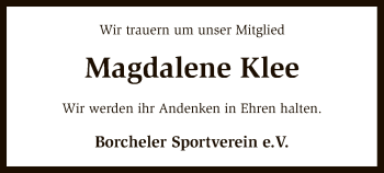 Traueranzeige von Magdalene Klee von SYK