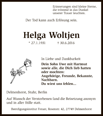 Traueranzeige von Helga Woltjen von SYK