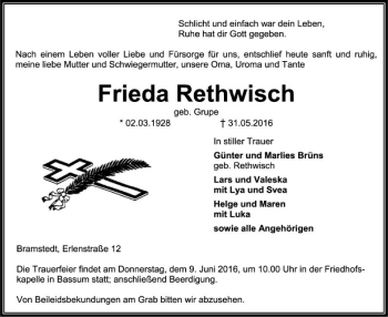 Traueranzeige von Frieda Rethwisch von SYK