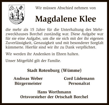 Traueranzeige von Magdalene Klee von SYK