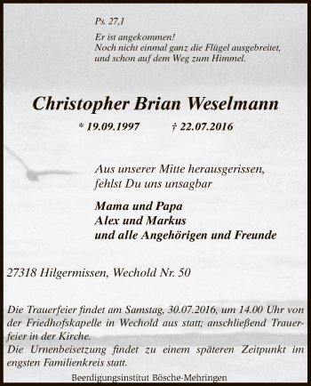 Traueranzeige von Christopher Brian Weselmann von SYK