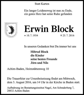 Traueranzeige von Erwin Block von SYK