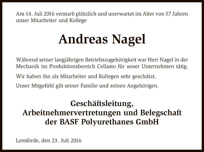  Traueranzeige für Andreas Nagel vom 23.07.2016 aus SYK