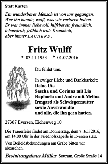 Traueranzeige von Fritz Wulff von SYK