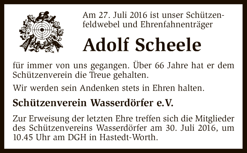  Traueranzeige für Adolf Scheele vom 29.07.2016 aus SYK