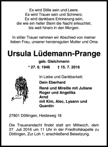 Traueranzeige von Ursula Lademann-Prange von SYK