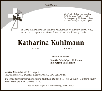 Traueranzeige von Katharina Kuhlmann von SYK