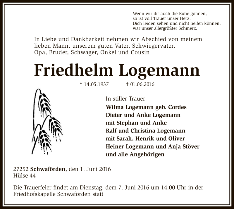  Traueranzeige für Friedhelm Logemann vom 03.06.2016 aus SYK