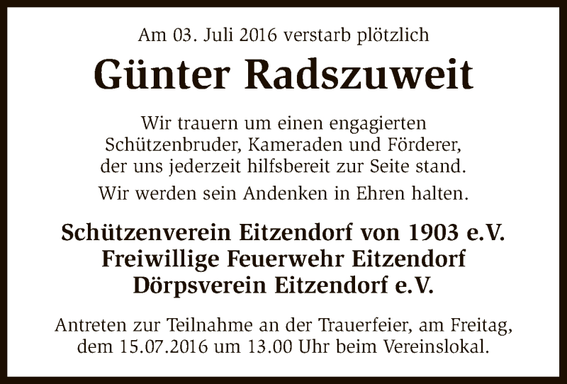  Traueranzeige für Günter Radszuweit vom 09.07.2016 aus SYK