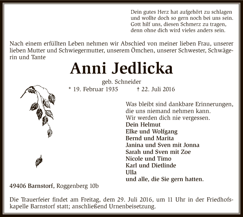  Traueranzeige für Anni Jedlicka vom 25.07.2016 aus SYK