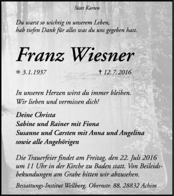 Traueranzeige von Franz Wiesner von SYK