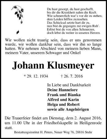 Traueranzeige von Johann Klusmeyer von SYK