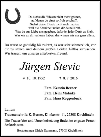 Traueranzeige von Jürgen Stevic von SYK