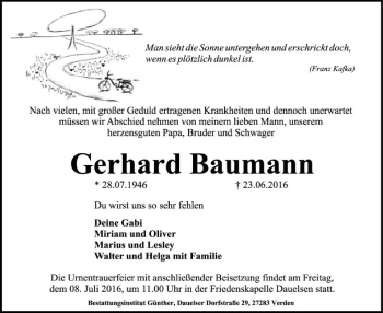 Traueranzeige von Gerhard Baumann von SYK