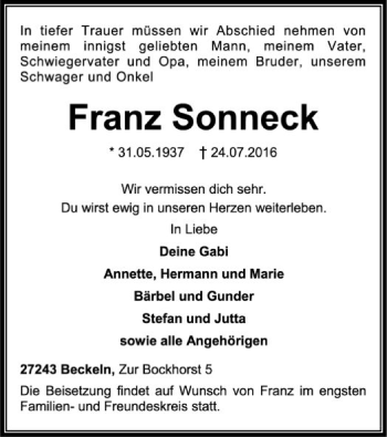 Traueranzeige von Franz Sonneck von SYK