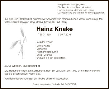 Traueranzeige von Heinz Knake von SYK