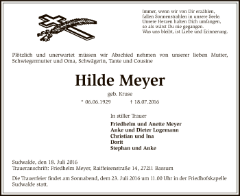 Traueranzeige von Hilde Meyer von SYK