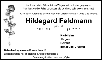 Traueranzeige von Hildegard Feldmann