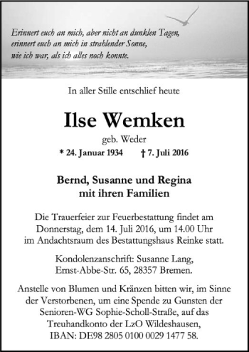 Traueranzeige von Ilse Wemken von SYK