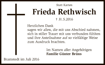 Traueranzeige von Frieda Rethwisch von SYK