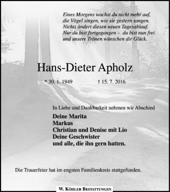 Traueranzeige von Hans-Dieter Apholz von SYK