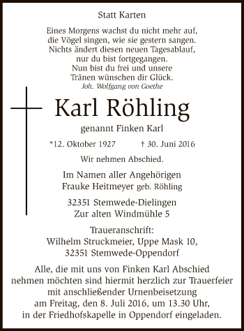 Traueranzeige von Karl Röhling von SYK