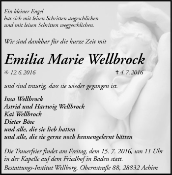 Traueranzeige von Emilia Marie Wellbrock von SYK