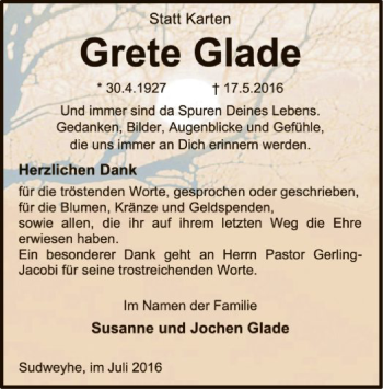 Traueranzeige von Grete Glade