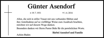 Traueranzeige von Günter Asendorf von SYK