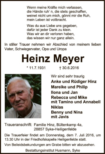 Traueranzeige von Heinz Meyer