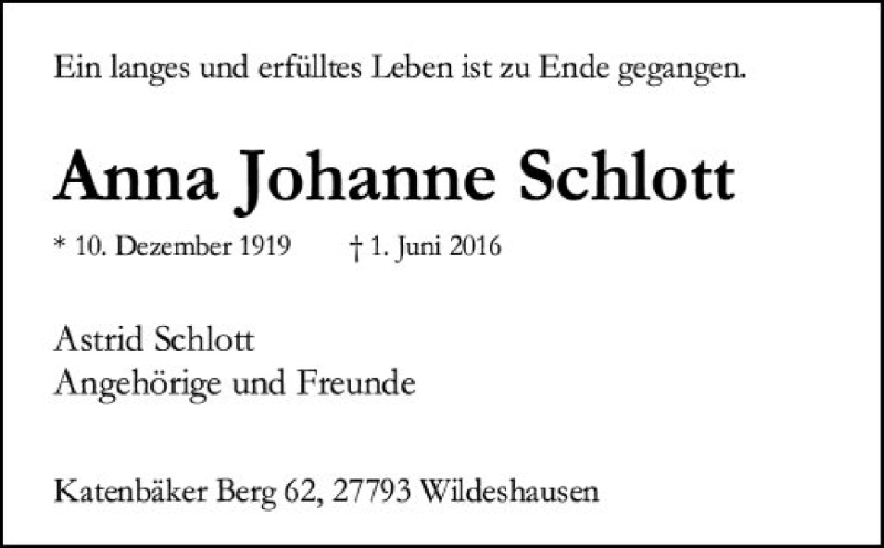  Traueranzeige für Anna Johanne Schlott vom 04.06.2016 aus SYK
